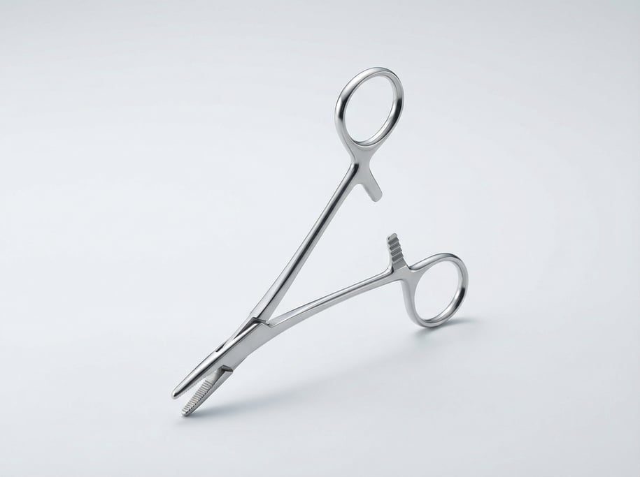 Stainless steel medical forceps with serrated cross-hatch tips, locking ratchet handles