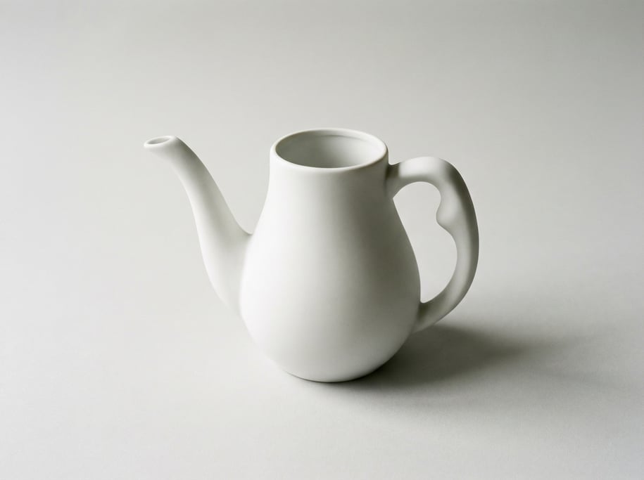Ceramic neti pot in matte white porcelain with a long curved pouring spout, bulbous body