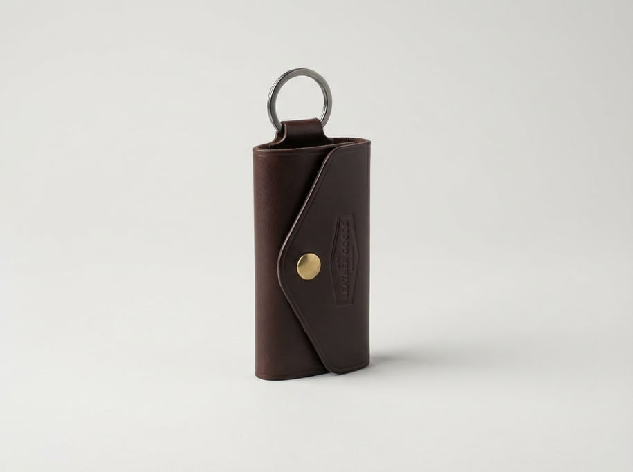 Leather key fob case in dark brown calfskin with a brass snap closure, embossed logo panel