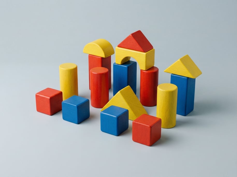 Wooden toy building blocks set with twelve painted pieces in primary colors