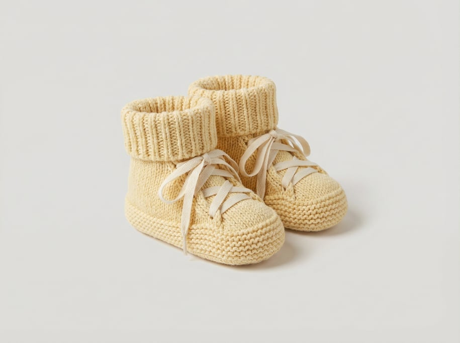 Knitted baby booties in pale yellow organic cotton with a ribbed cuff, crisscross lace closure