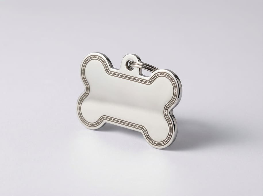 Stainless steel pet ID tag in a bone shape with polished mirror finish
