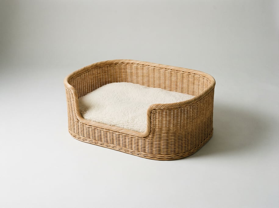 Woven wicker pet basket bed in natural rattan with a plush cream sherpa cushion insert and a low ent