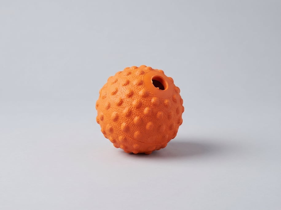 Rubber treat-dispensing ball in bright orange with a textured nubby surface, a hollow interior