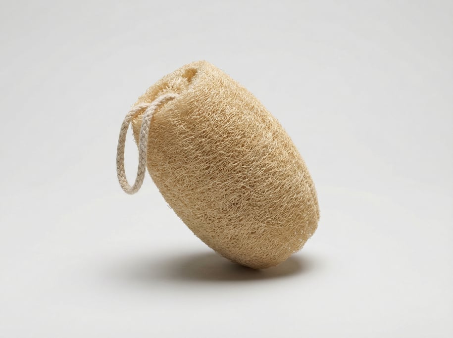 Natural loofah sponge in pale tan with a visible fibrous gourd skeleton texture, oval shape