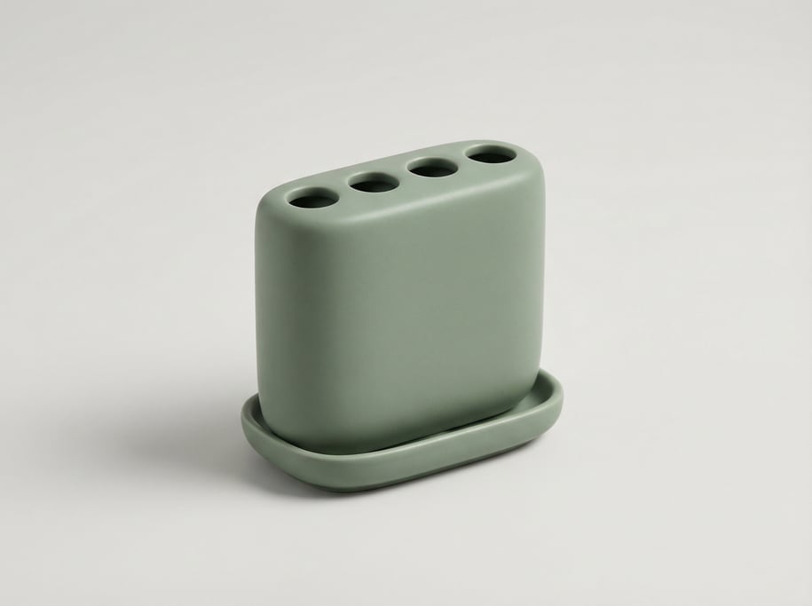 Porcelain toothbrush holder in matte sage green with four individual holes, a drainage tray base