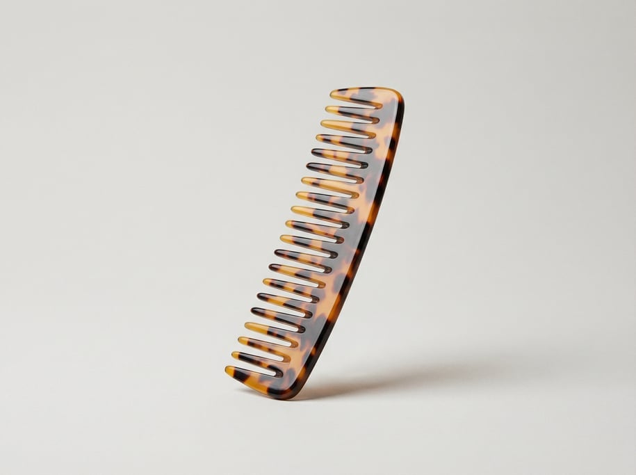 Tortoiseshell acetate wide-tooth hair comb with rounded-tip teeth, a gentle natural curve