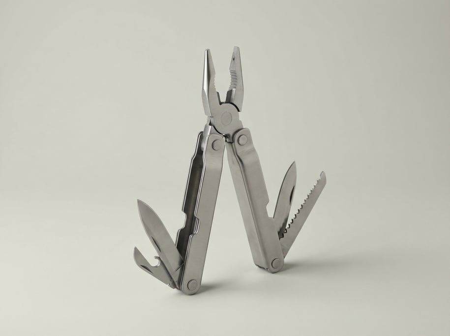 Stainless steel camping multi-tool with pliers head, knife blade, can opener, saw edge