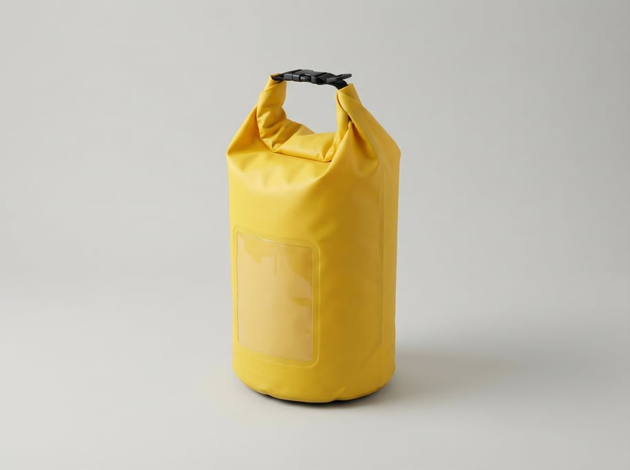 Nylon dry bag in bright yellow with a roll-top closure, welded waterproof seams