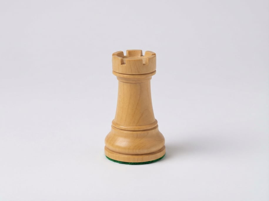 Wooden chess rook piece in light boxwood with a turned cylindrical tower shape