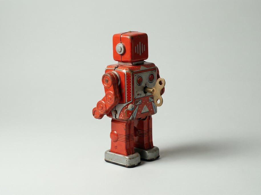 Vintage tin wind-up robot toy in red and silver lithographed sheet metal with articulated arms and a