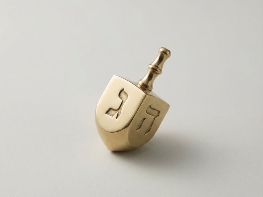 Brass Hanukkah dreidel with a polished four-sided body, engraved Hebrew letters