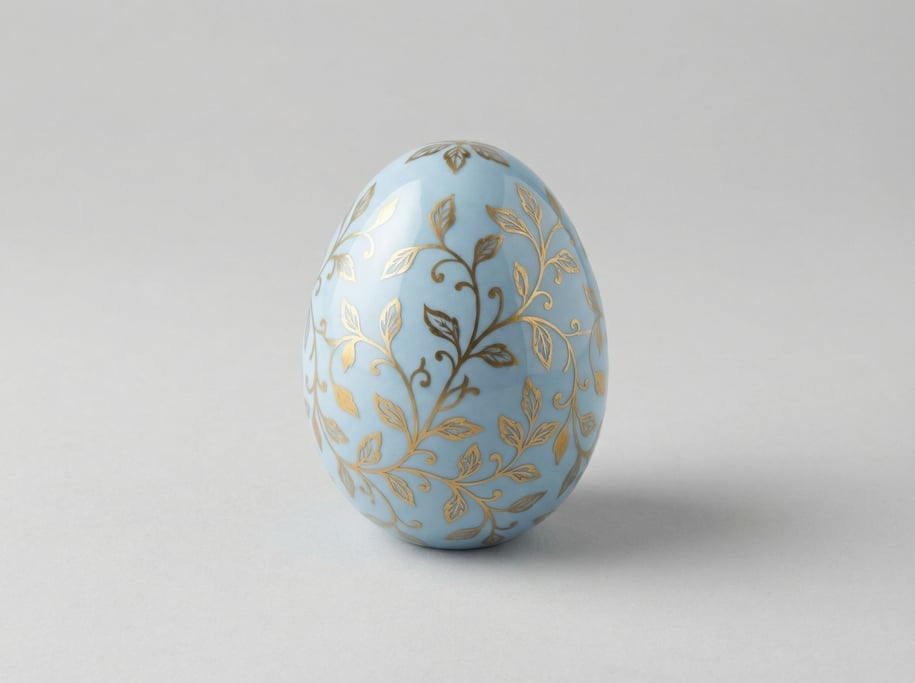 Decorative porcelain Easter egg in pastel blue with hand-painted gold botanical vine motifs and a hi
