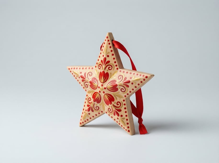 Carved wooden Christmas ornament in a star shape with red and gold folk-art painted details and a ri