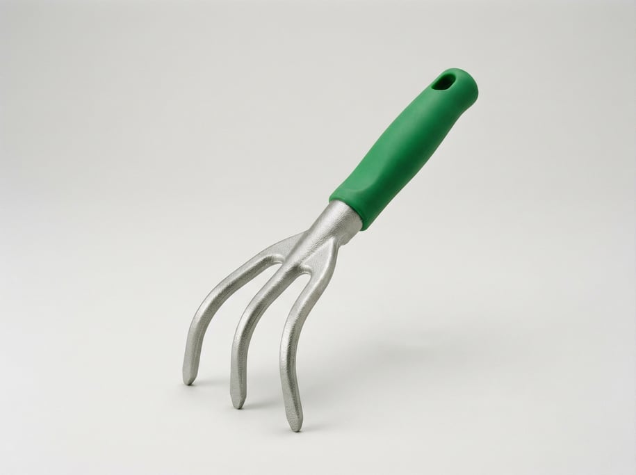 Cast aluminum hand cultivator with three curved tines, a bright green rubber comfort grip