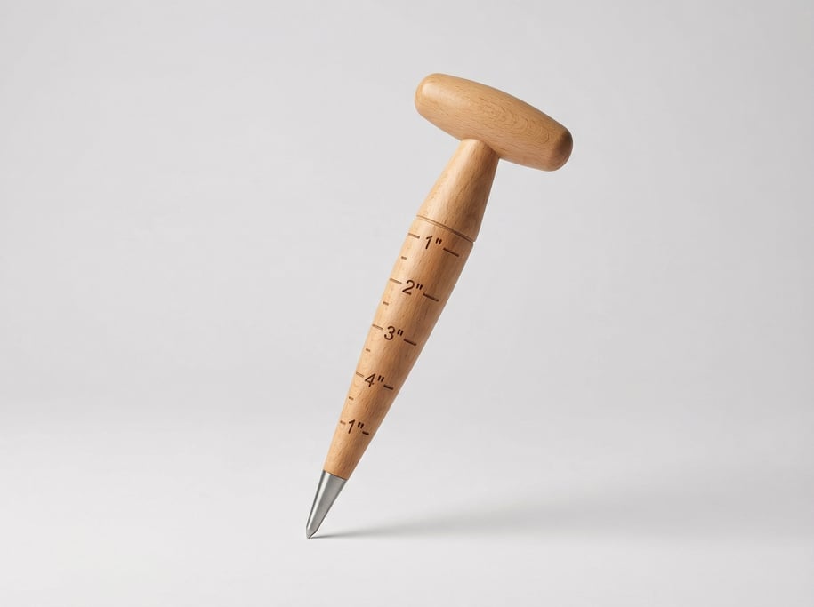 Wooden garden dibber in turned beech wood with depth measurement markings, a pointed planting tip