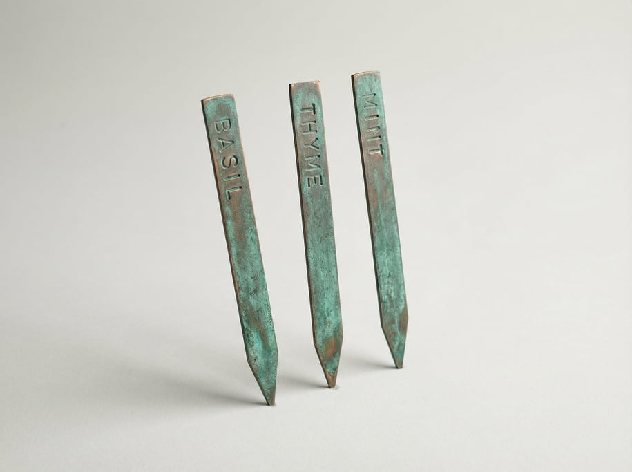 Copper plant label stakes set of three with hand-stamped herb names, pointed insertion ends
