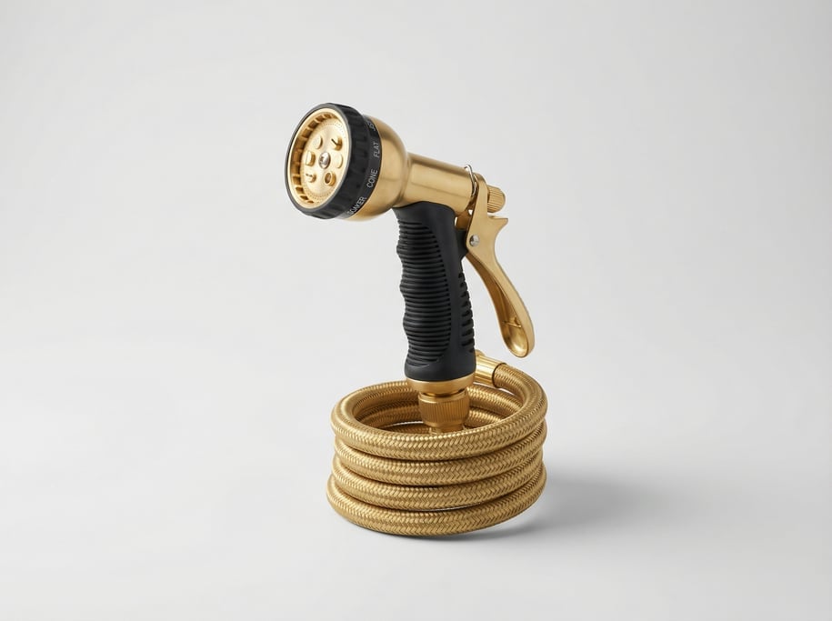 Coiled brass garden hose nozzle with an adjustable spray pattern twist head, rubber grip collar