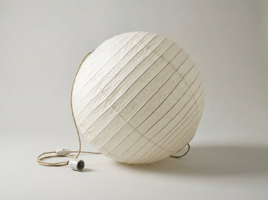 Paper lantern globe in off-white washi paper with visible fiber texture, delicate wire ribs