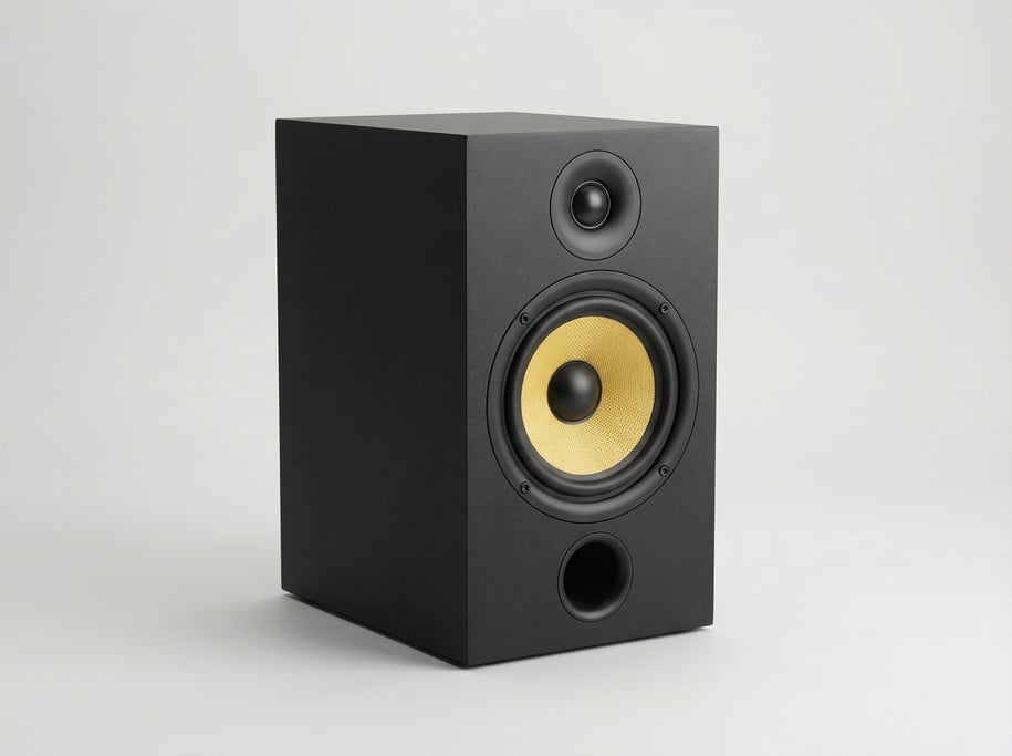 Studio monitor speaker in matte black MDF with a woven Kevlar woofer cone, silk dome tweeter