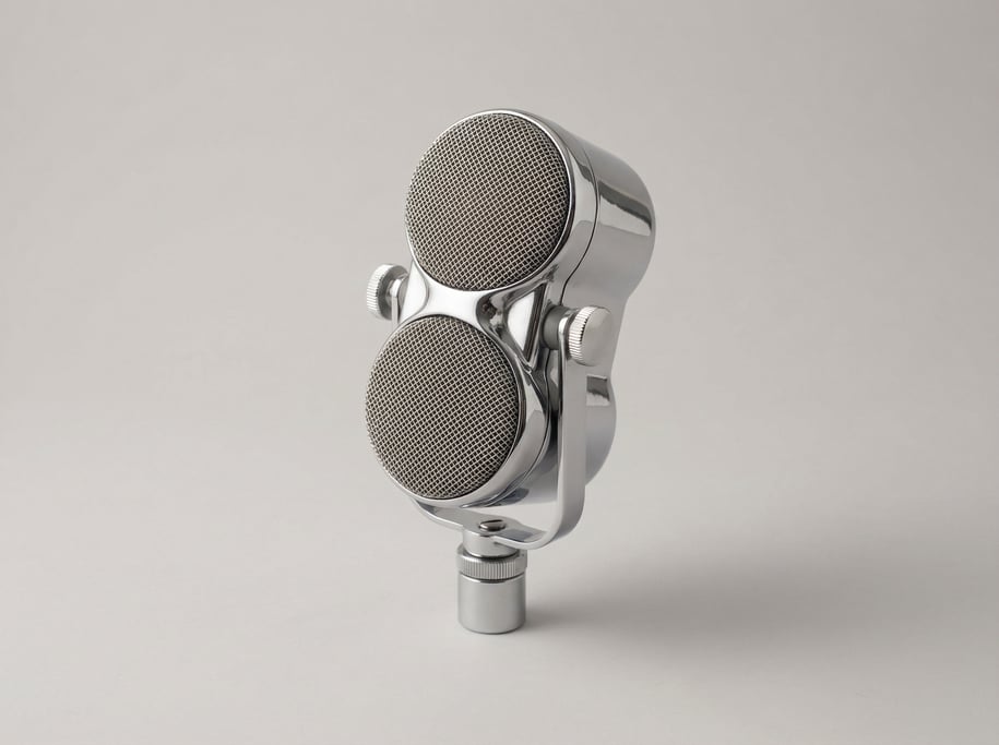 Vintage ribbon microphone in chrome with a figure-eight pattern grille head, cylindrical body