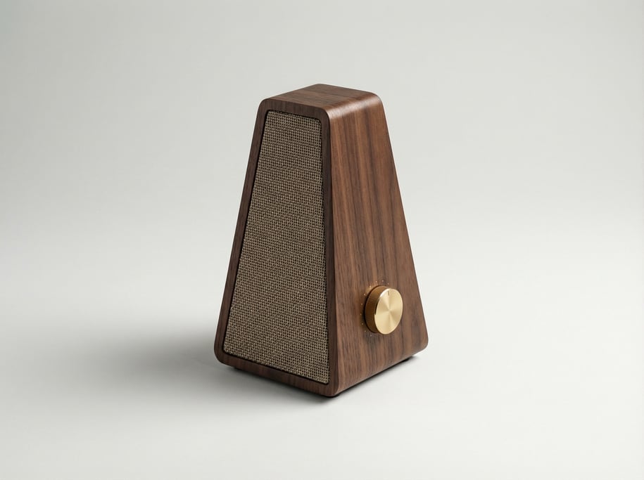 Wooden metronome-shaped Bluetooth speaker in dark walnut veneer with a gold volume dial and a woven