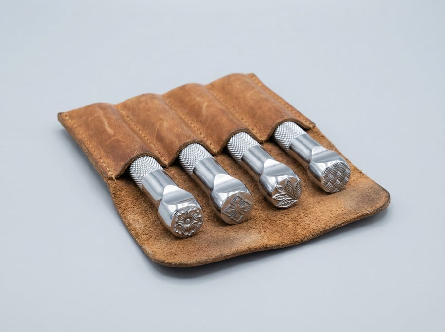 Leather stamping tool set of four chrome steel punches with decorative pattern heads and knurled han