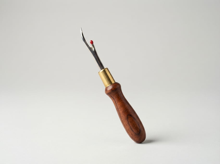 Brass seam ripper with a turned rosewood handle, sharp curved blade point, a red ball guard tip