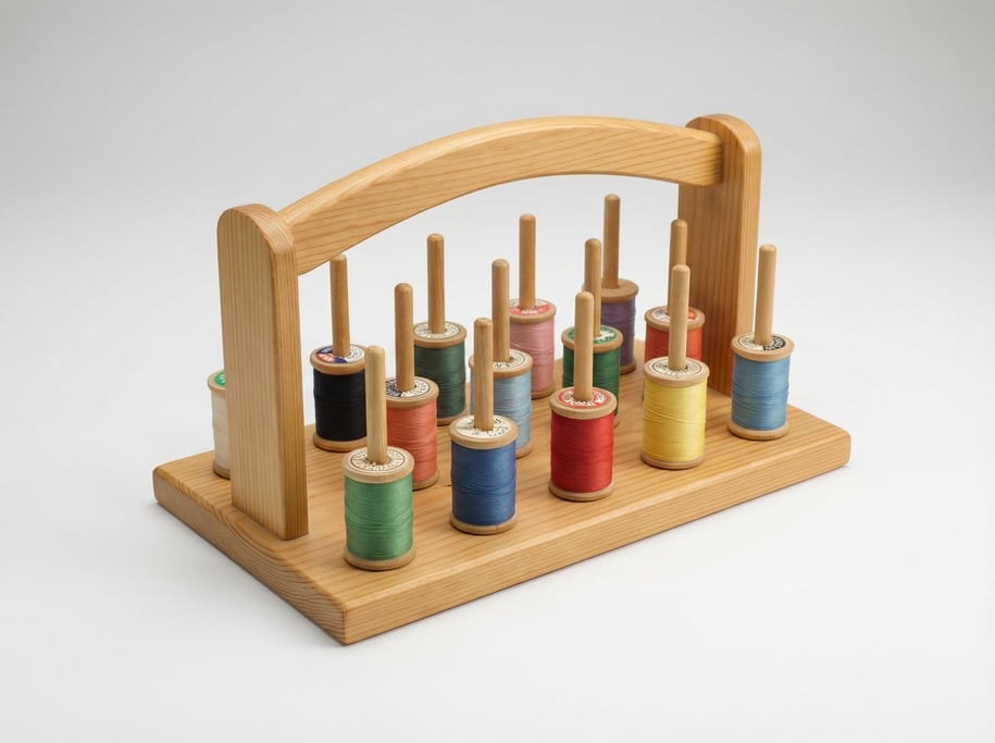 Wooden thread spool rack in natural pine with twelve vertical dowel pegs, a flat rectangular base