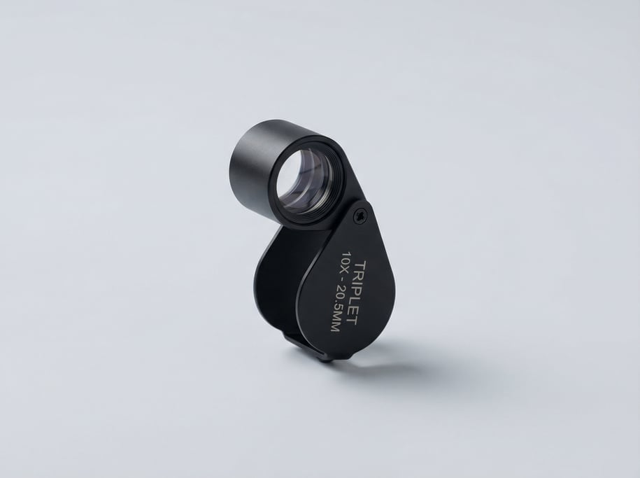 Jeweler's loupe in matte black anodized aluminum with a folding protective case, triple-lens stack