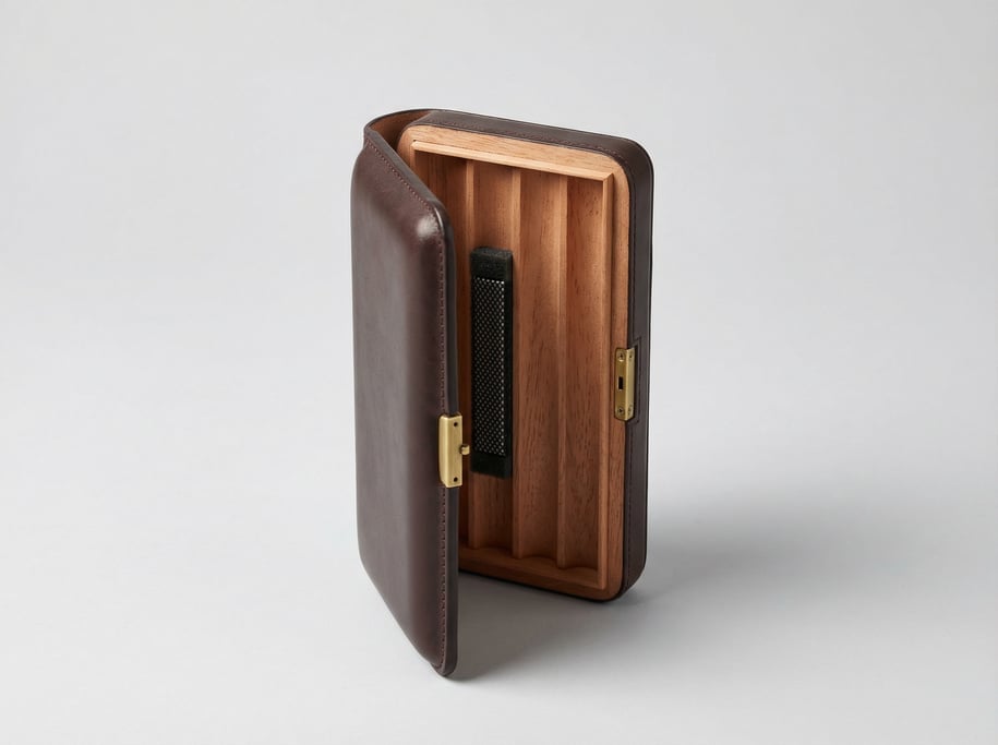 Cedar-lined cigar travel case in dark brown leather with a brass hinge, humidifier strip