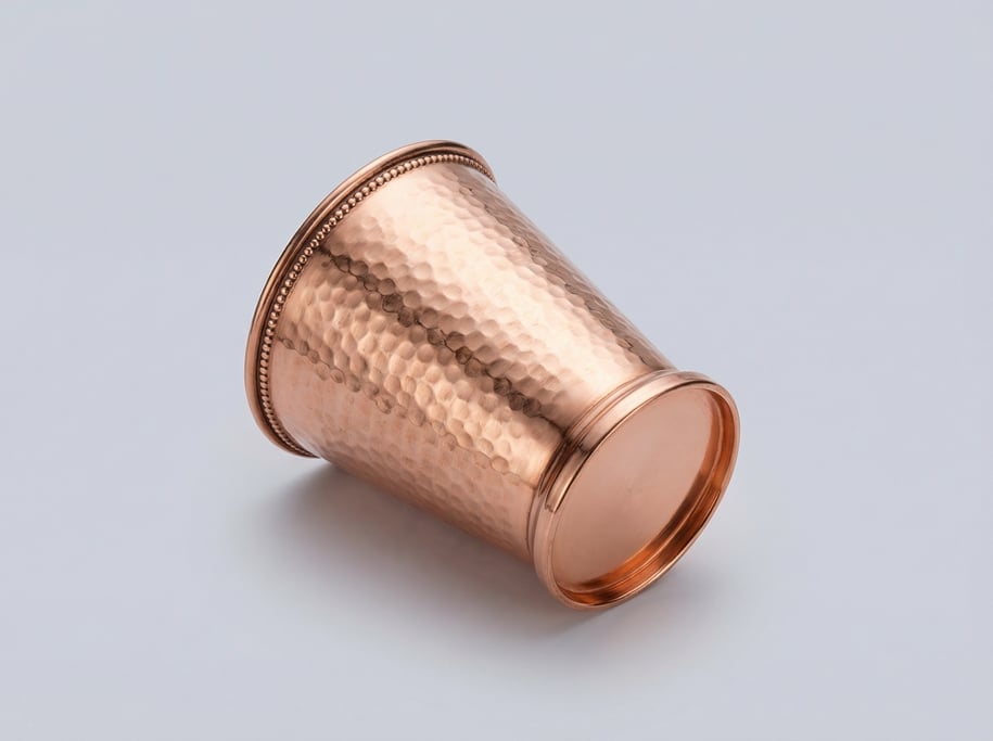 Copper julep cup with a hammered exterior surface, a beaded rim, a flat weighted base