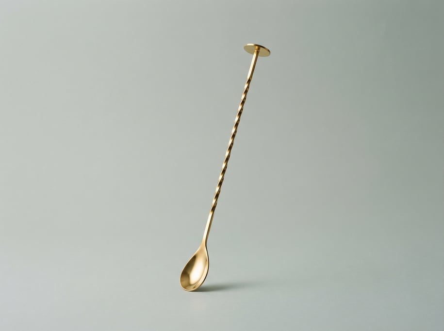 Long-handled bar spoon in gold-plated stainless steel with a twisted shaft, flat muddler disc end