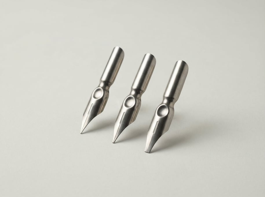 Set of three calligraphy nibs in polished steel with different tip widths, a center slit channel