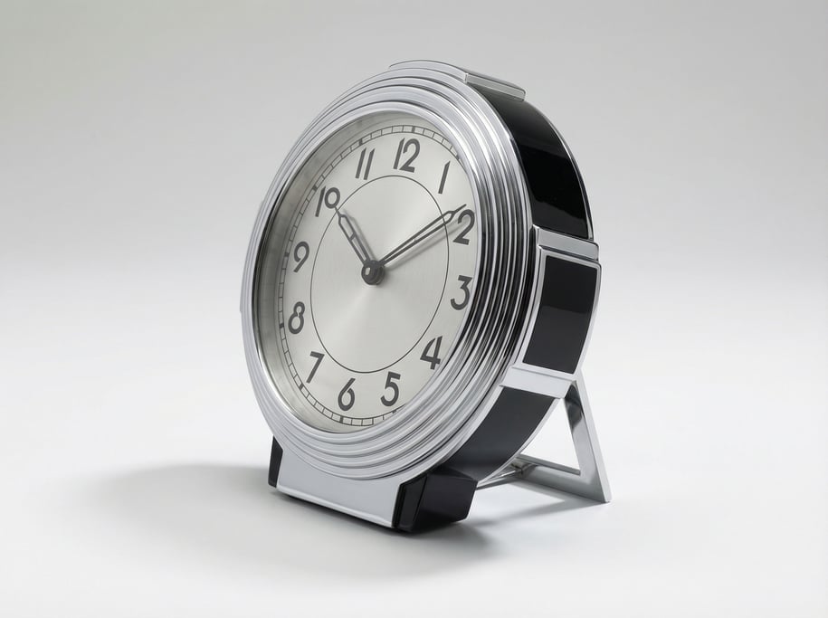 Art deco desk clock in polished chrome and black lacquer with a round face, geometric numerals