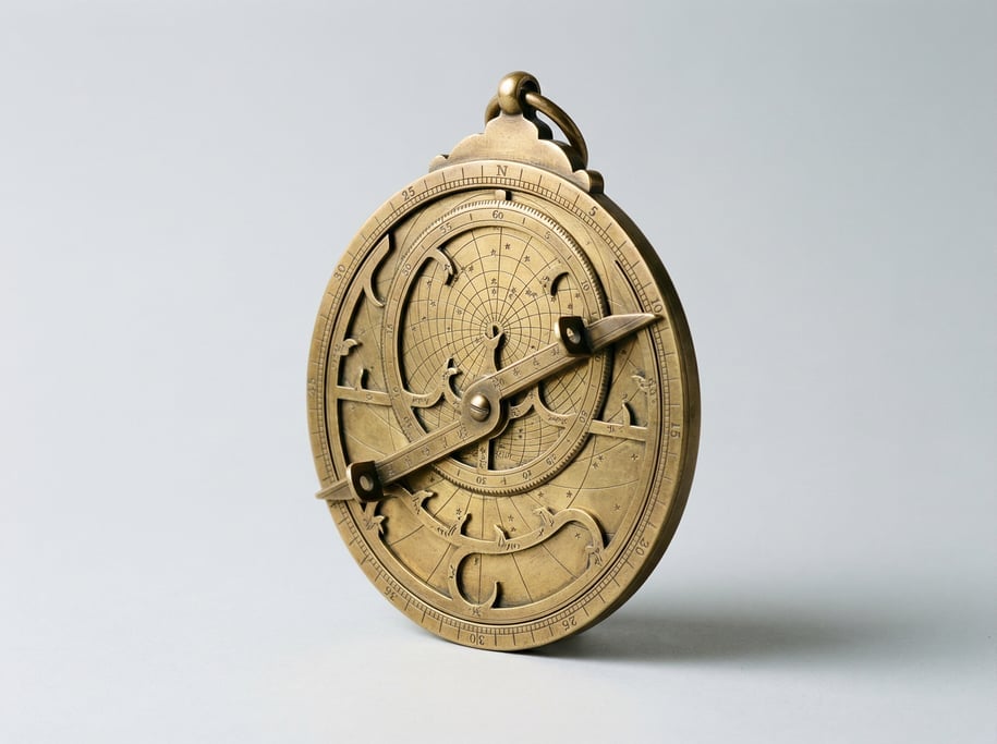 Brass astrolabe with an engraved rete star map overlay, rotating alidade pointer arm
