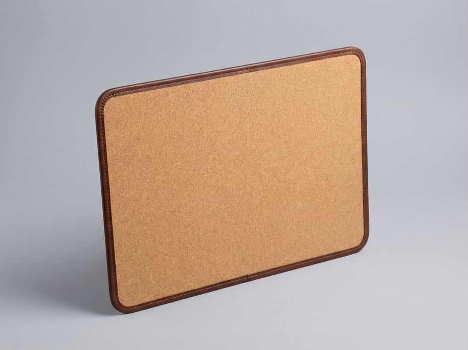 Cork desk pad in natural tan with a stitched dark brown leather border, rounded corners
