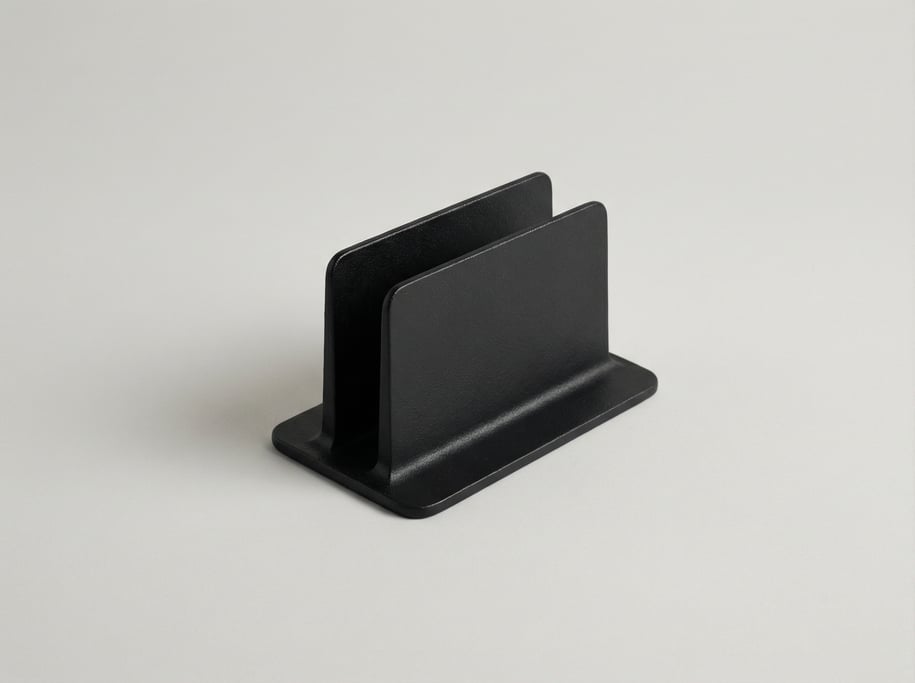 Cast iron letter holder in matte black with two upright dividing slots, a wide flat base