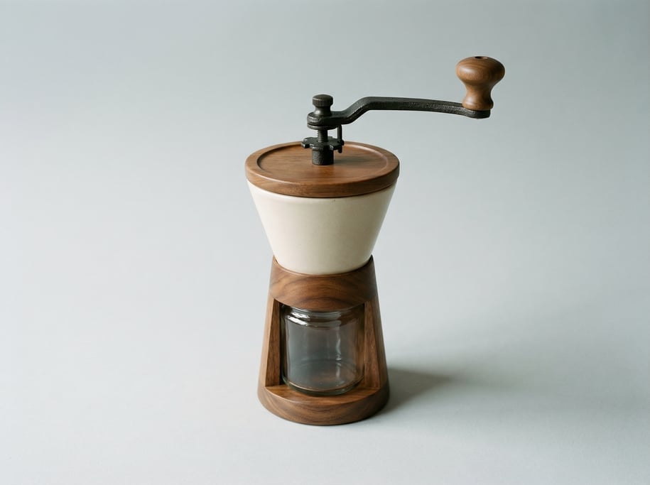 Manual burr coffee grinder in ceramic and walnut with a cast iron mechanism, hand crank