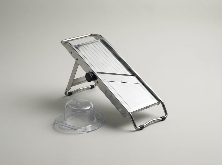 Stainless steel mandoline slicer with an adjustable blade platform, folding stand legs