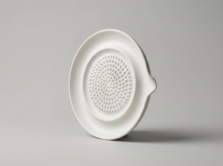 Ceramic ginger grater plate in matte white porcelain with sharp raised teeth, a moat channel