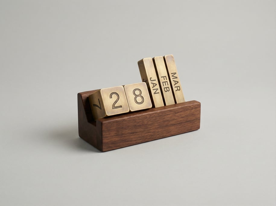 Brass perpetual calendar cube set with two date cubes and three month bar tiles displayed in a walnu