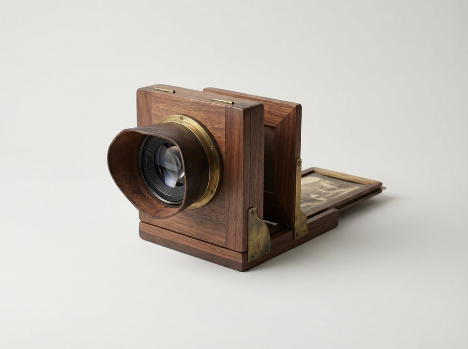 Antique stereoscope viewer in dark walnut with brass hardware, a hooded lens shade