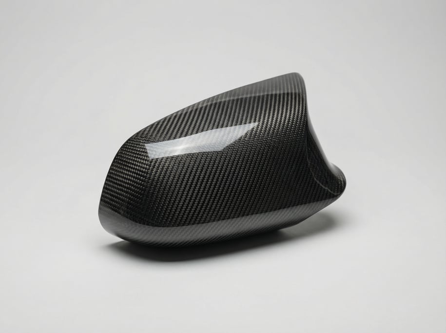 Carbon fiber rear-view mirror cover in woven twill pattern with a glossy clear-coat finish and visib