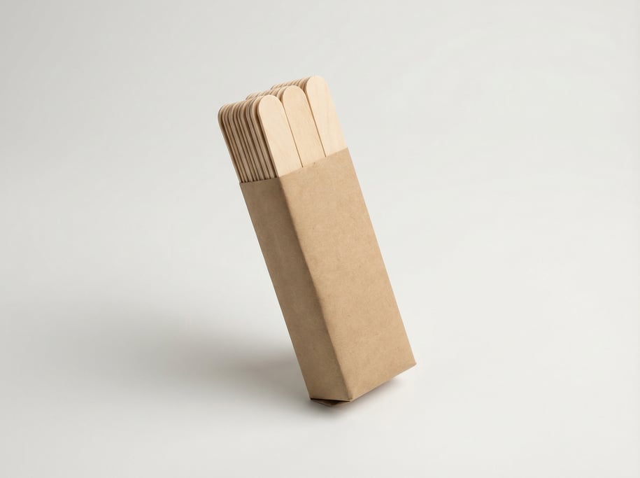 Wooden tongue depressor bundle wrapped in brown kraft paper with a visible stack of smooth flat birc
