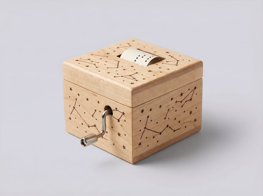 Wooden music box with a hand-crank mechanism, a natural maple body, laser-engraved star pattern
