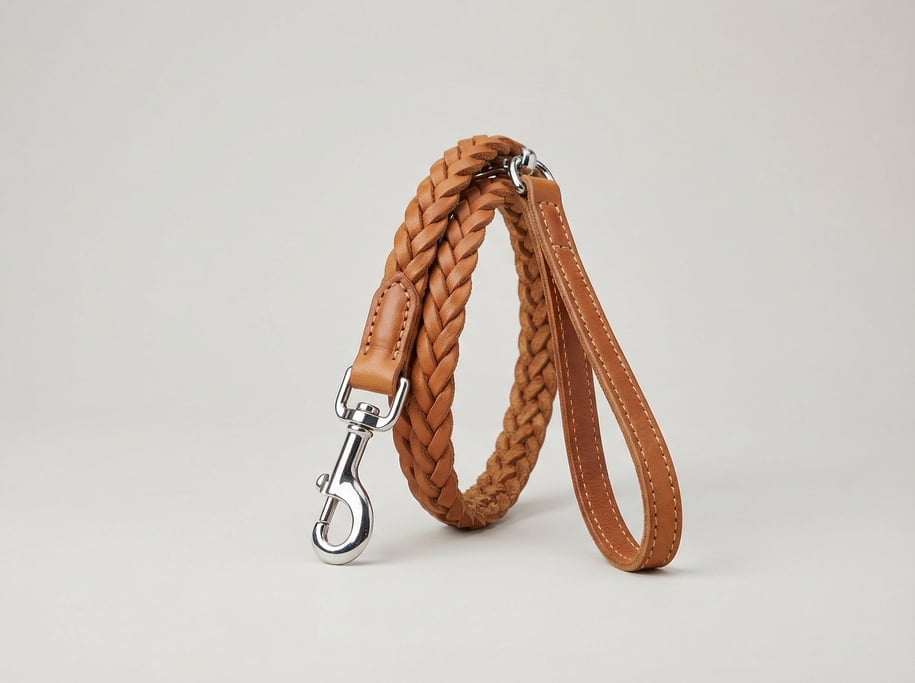 Braided leather pet leash in tan cowhide with a polished chrome swivel snap hook, wrist loop