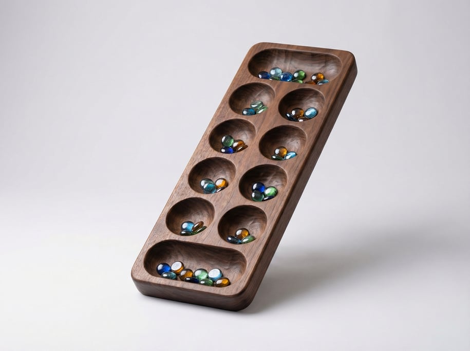 Hand-carved wooden Mancala board in dark walnut with twelve scooped wells, two storage troughs