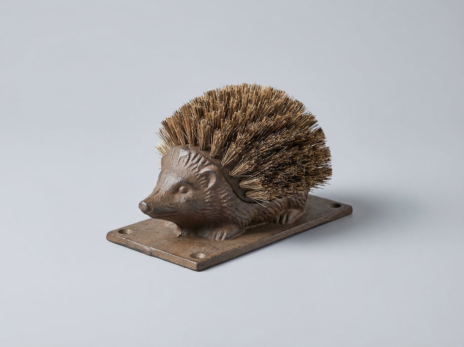 Cast iron boot scraper in the shape of a hedgehog with bristle brush spines and a flat mounting plat