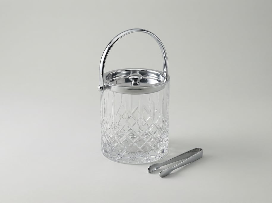 Crystal ice bucket in diamond-cut lead glass with a polished chrome swing handle, drip tray insert